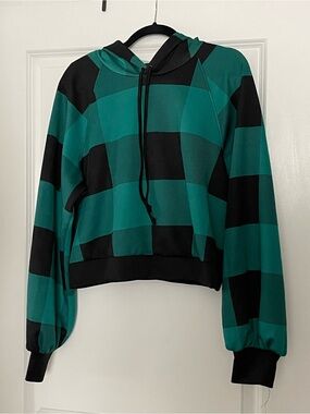 wild fable Black & Green Checkered Cropped Hoodie-Size XXL